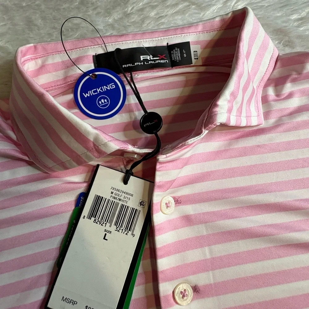 RLX Ralph Lauren Wicki Performance Golf Polo Shirt pink and white stripe Sz L